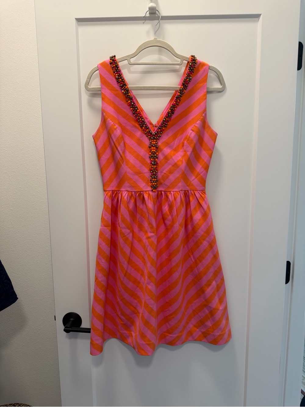 Lilly Pulitzer Pink and Orange Striped V-Neck Beaded Mini Dress